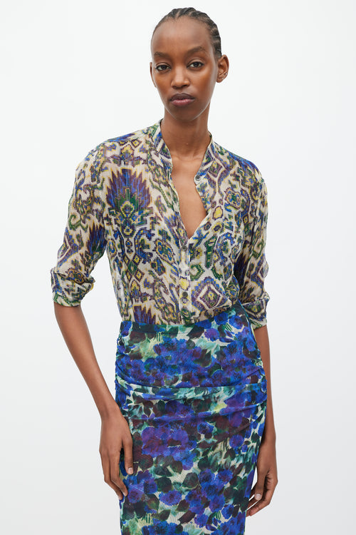 Dries Van Noten SS 2015 Blue & Green Sheer Silk Geometric Print Blouse