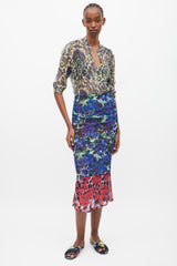 Dries Van Noten Blue & Red Floral Mesh Ruched Midi Skirt