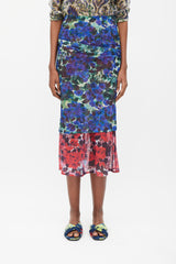 Dries Van Noten Blue & Red Floral Mesh Ruched Midi Skirt