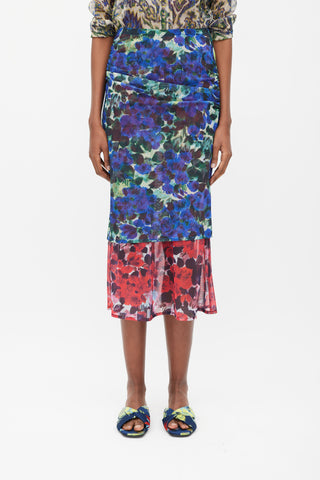 Dries Van Noten Blue & Red Floral Mesh Ruched Midi Skirt