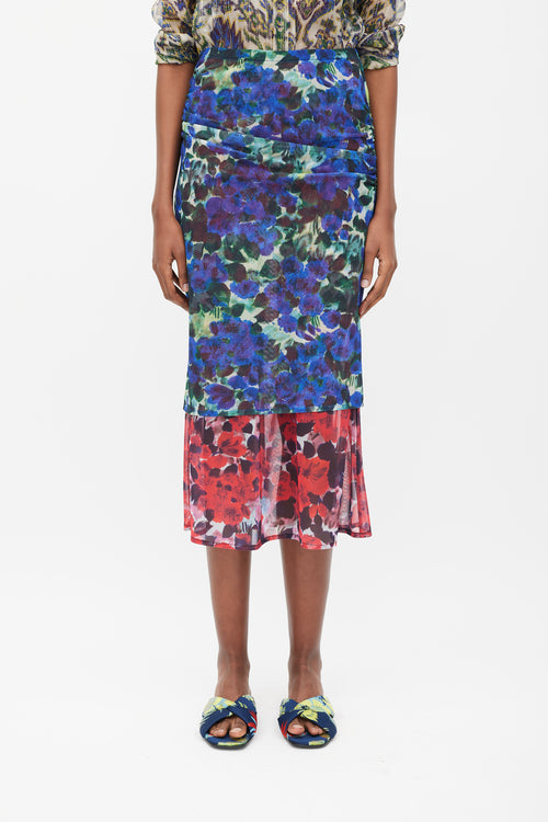 Dries Van Noten Blue & Red Floral Mesh Ruched Midi Skirt