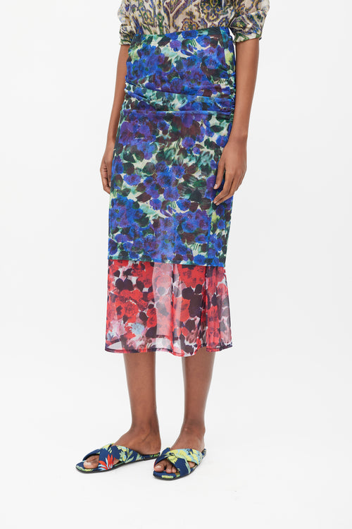 Dries Van Noten Blue & Red Floral Mesh Ruched Midi Skirt