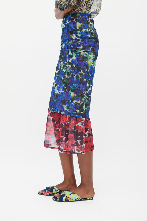 Dries Van Noten Blue & Red Floral Mesh Ruched Midi Skirt