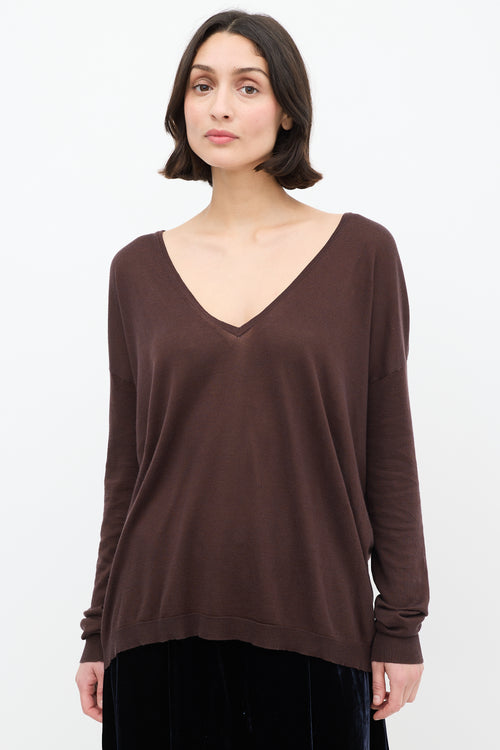 Dries Van Noten Brown Silk & Cotton V-Neck Sweater