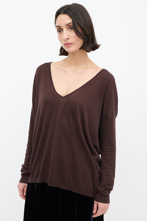 Dries Van Noten Brown Silk & Cotton V-Neck Sweater