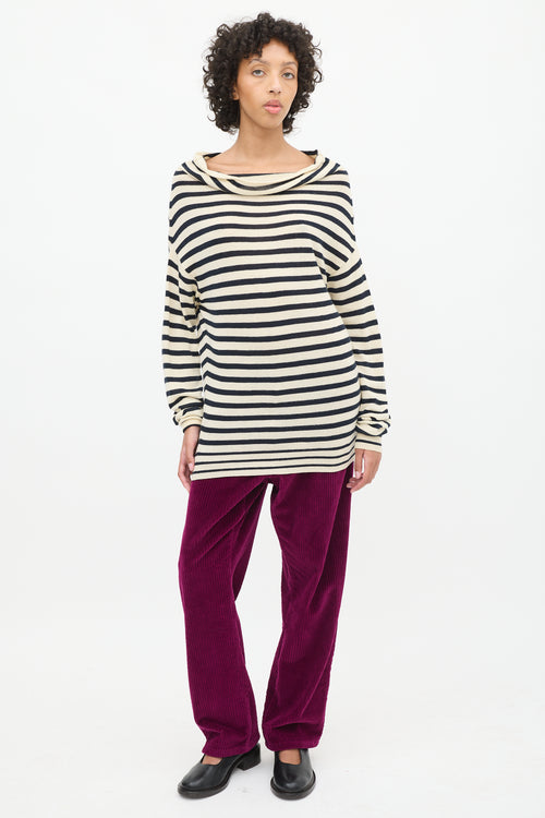 Dries Van Noten Cream & Black Wool Striped Cowl Neck Top