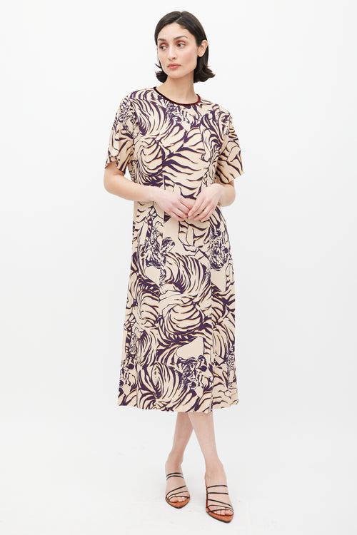 Dries Van Noten Cream & Purple Stripe Printed Dress