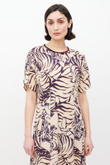 Dries Van Noten Cream & Purple Stripe Printed Dress
