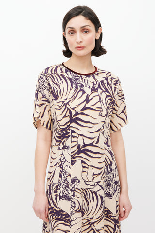 Dries Van Noten Cream & Purple Stripe Printed Dress