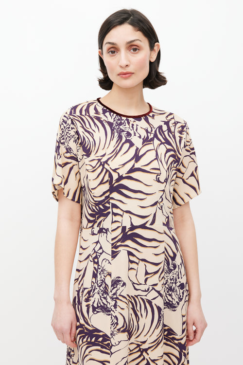 Dries Van Noten Cream & Purple Stripe Printed Dress