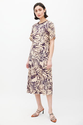 Dries Van Noten Cream & Purple Stripe Printed Dress