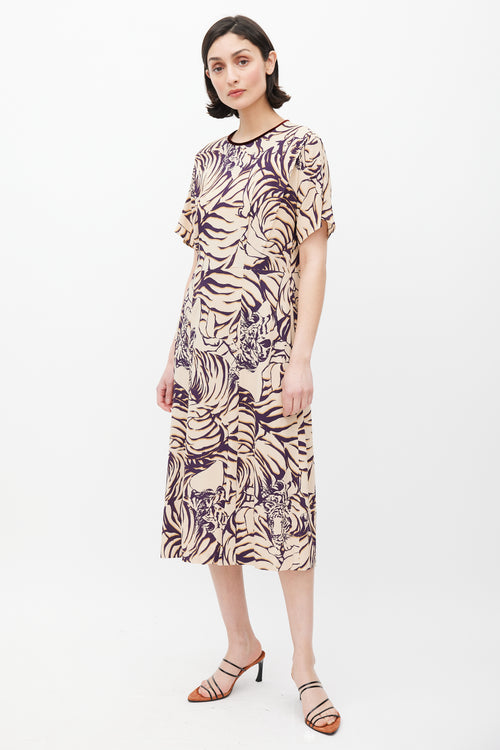 Dries Van Noten Cream & Purple Stripe Printed Dress
