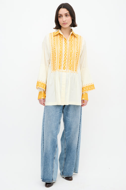 Dries Van Noten Cream & Yellow Cotton Embroidered Shirt