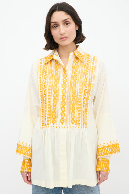 Dries Van Noten Cream & Yellow Cotton Embroidered Shirt