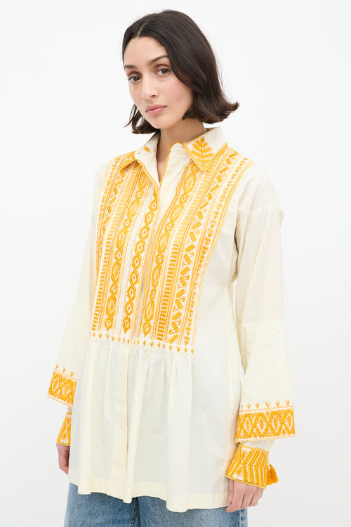 Dries Van Noten Cream & Yellow Cotton Embroidered Shirt