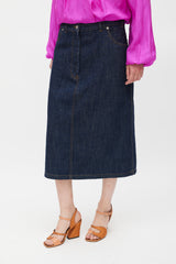 Dries Van Noten Dark Wash Denim Deconstructed Midi Skirt