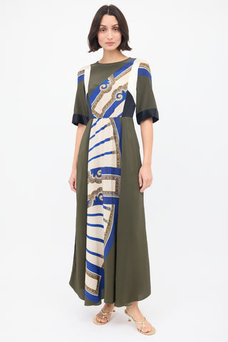 Dries Van Noten FW 2012 Green & Multi Silk Printed Panelled Dress