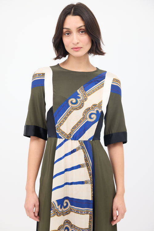 Dries Van Noten FW 2012 Green & Multi Silk Printed Panelled Dress