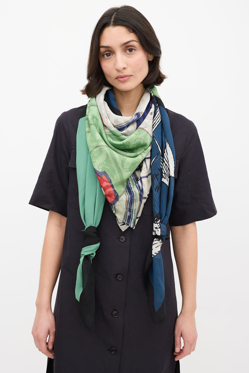 Dries Van Noten FW 2012 Green & Multi Silk Printed Scarf