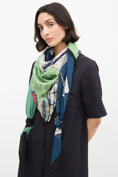 Dries Van Noten FW 2012 Green & Multi Silk Printed Scarf