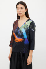Dries Van Noten FW 2019 Black & Multicolour Printed V-Neck Top