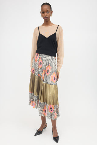 Dries Van Noten Floral & Metallic Pleated Skirt