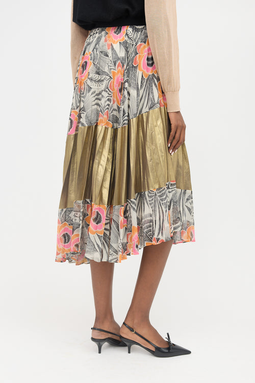 Dries Van Noten Floral & Metallic Pleated Skirt