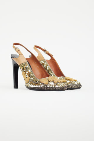 Dries Van Noten Gold & Black Embroidered Slingback Heel