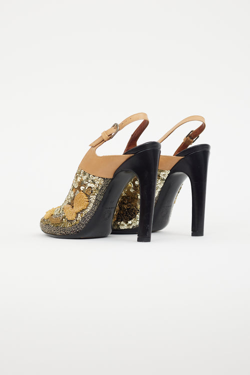 Dries Van Noten Gold & Black Embroidered Slingback Heel