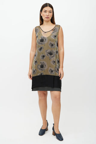 Dries Van Noten Green & Pink Rose Layer Dress