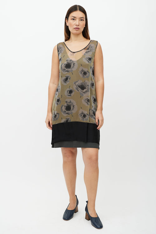 Dries Van Noten Green & Pink Rose Layer Dress