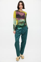 Dries Van Noten Green & Multicolour Mesh Watercolour Printed Top