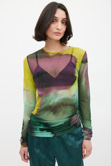 Dries Van Noten Green & Multicolour Mesh Watercolour Printed Top