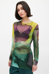 Dries Van Noten Green & Multicolour Mesh Watercolour Printed Top