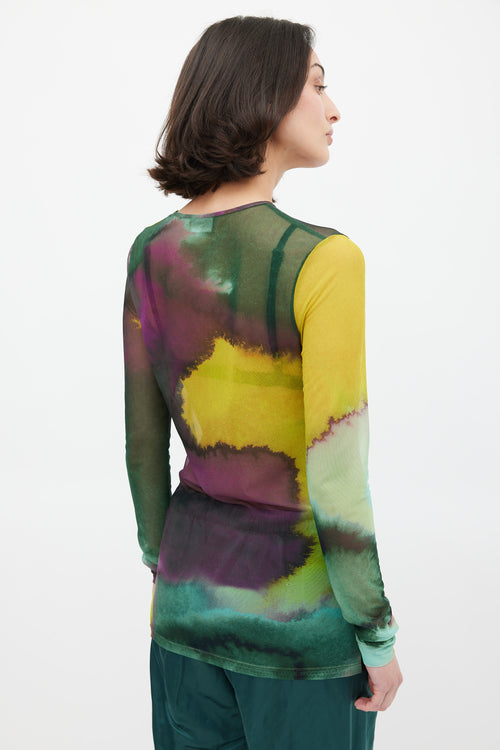 Dries Van Noten Green & Multicolour Mesh Watercolour Printed Top