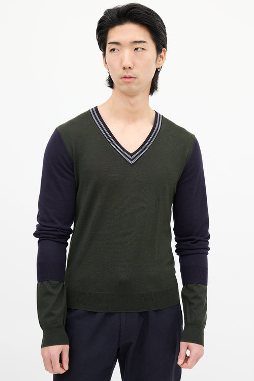 Dries Van Noten Green & Navy Wool Colour Block Sweater