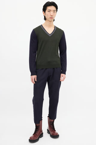 Dries Van Noten Green & Navy Wool Colour Block Sweater