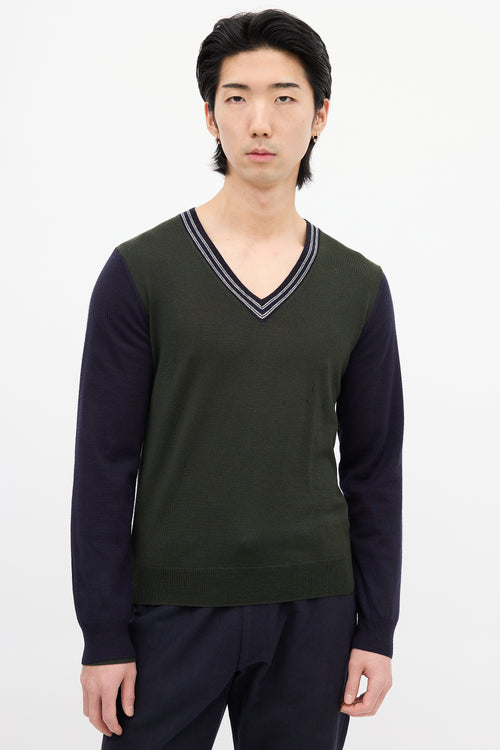 Dries Van Noten Green & Navy Wool Colour Block Sweater