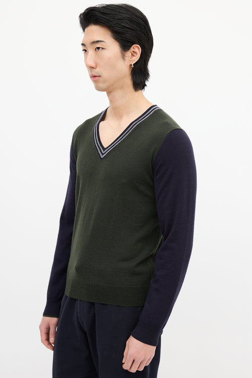 Dries Van Noten Green & Navy Wool Colour Block Sweater