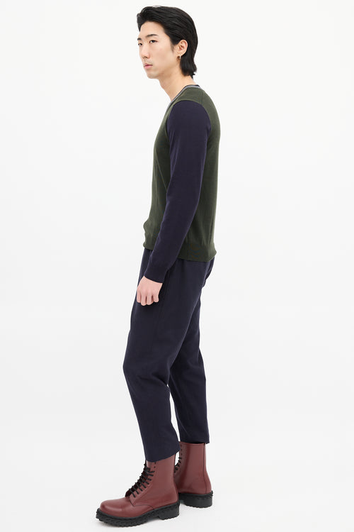 Dries Van Noten Green & Navy Wool Colour Block Sweater