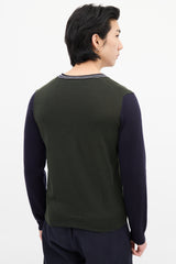 Dries Van Noten Green & Navy Wool Colour Block Sweater