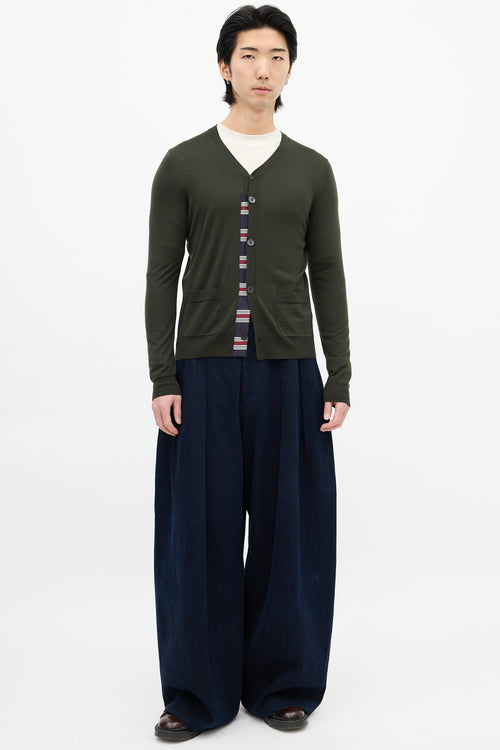 Dries Van Noten Green Wool Striped Trim Cardigan