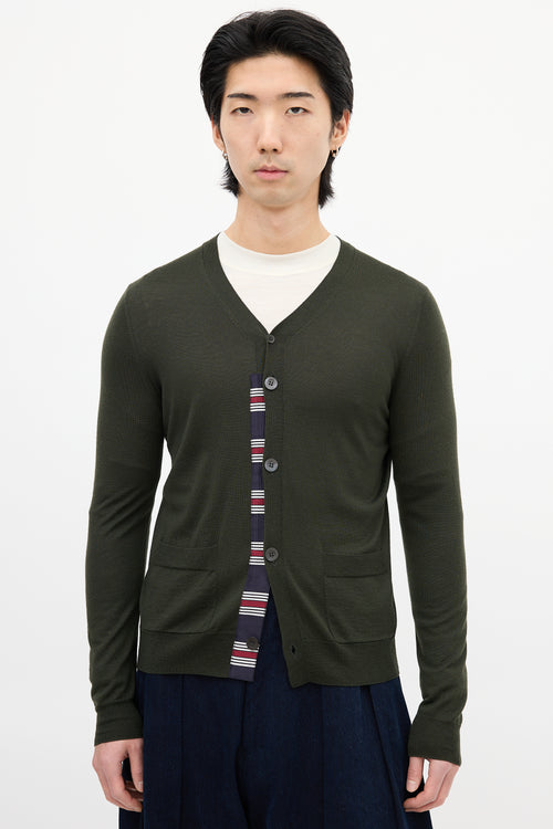 Dries Van Noten Green Wool Striped Trim Cardigan