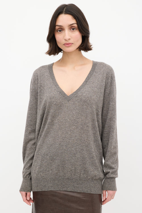 Dries Van Noten Grey Cashmere & Silk V-Neck Sweater