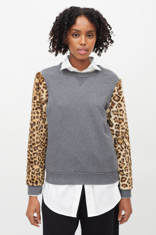 Dries Van Noten Grey Cotton & Brown Faux Fur Sweater