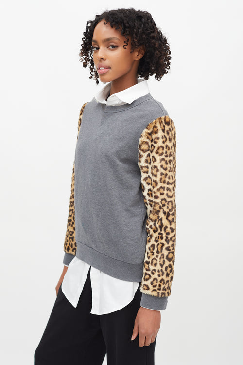 Dries Van Noten Grey Cotton & Brown Faux Fur Sweater