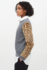 Dries Van Noten Grey Cotton & Brown Faux Fur Sweater