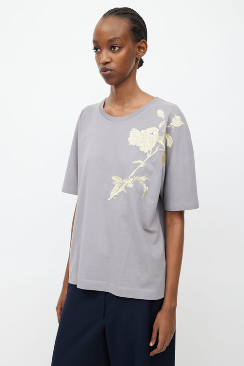 Dries Van Noten Grey & Gold Rose Embroidery T-Shirt