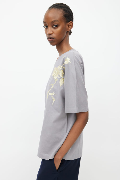 Dries Van Noten Grey & Gold Rose Embroidery T-Shirt