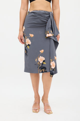 Dries Van Noten Grey & Multi Silk Floral Skirt